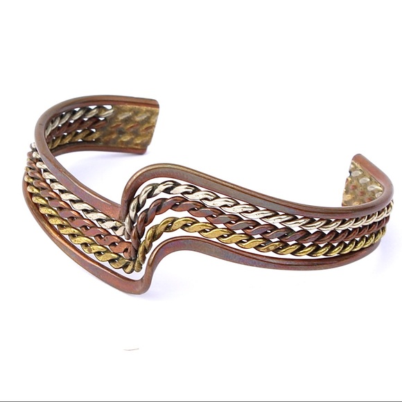 Vintage Taxco Mixed Metal Cuff Bracelet Copper Brass Silver Tone Tri-Tone Unisex - Picture 2 of 4